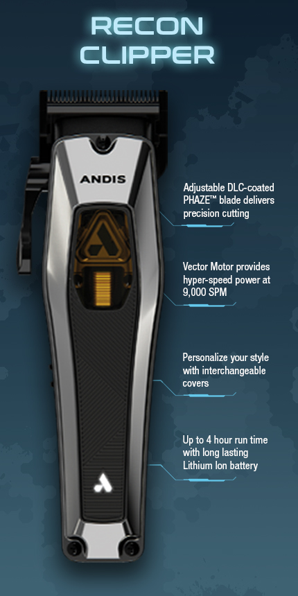 Recon clipper with bullet descriptions of its features Adjustable blade, vector motor, interchangeable covers and 4-hour LI-Ion battery.